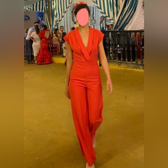 Mango Pants - MNG Red Deep V Neck Wide Leg Jumpsuit